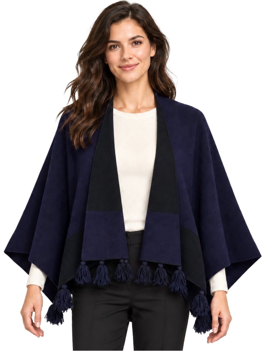 LOFT Navy Blue Colorblock Open-Frint Tassel Ruana Poncho Wrap Cape One Size